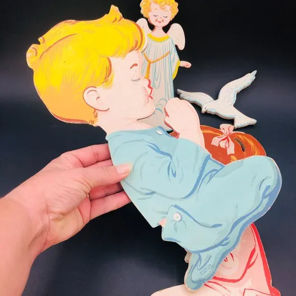 50s Dolly Toy Co Praying Kids Pressed Cardboard Wall Hangings Set Vintage Kitsch - Picture 7 of 14
